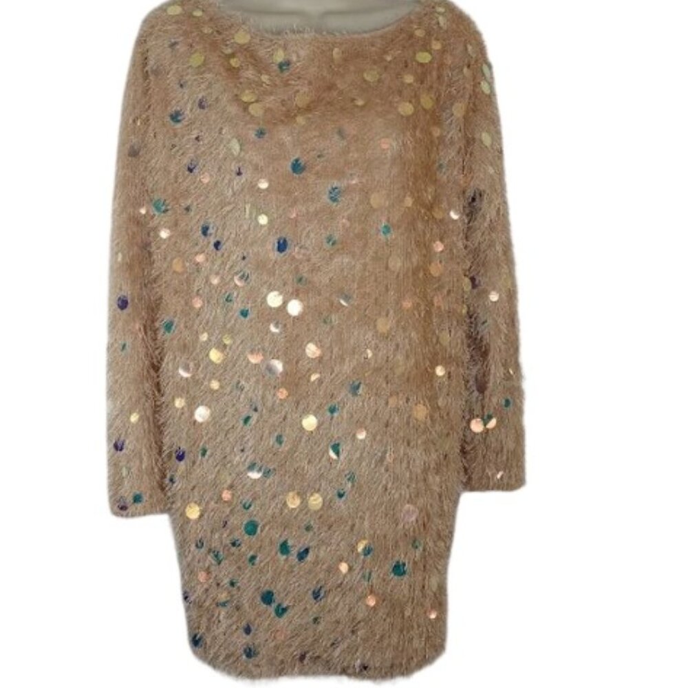 Symphony Womens Tunic Sweater Beige Fuzzy Eyelash Sequined S New